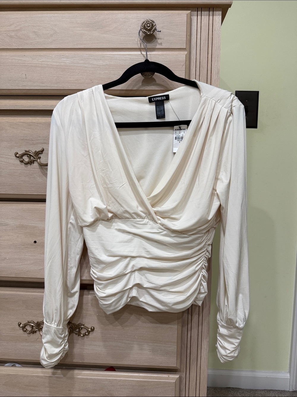 Express Cream Ruched Surplice Long Sleeve Blouse
